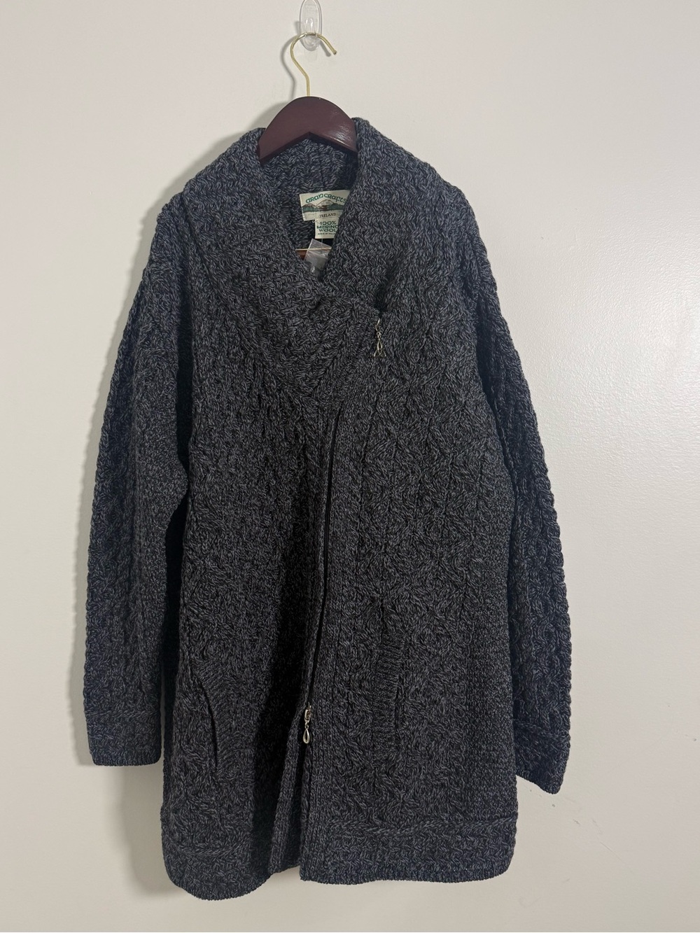 Aran Crafts Ireland Asymmetric Cable Knit Sweater Coat Charcoal Gray XXL Petite